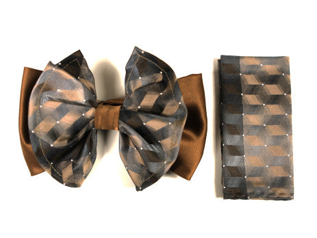 Plaid Taupe Big Bow Tie and Matching Handkerchief