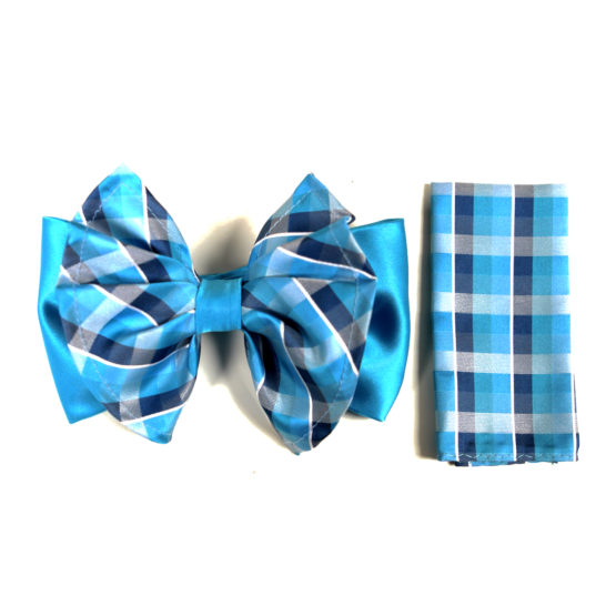 Plaid Aqua Big Bow Tie and Matching Handkerchief