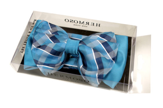 Plaid Aqua Big Bow Tie and Matching Handkerchief