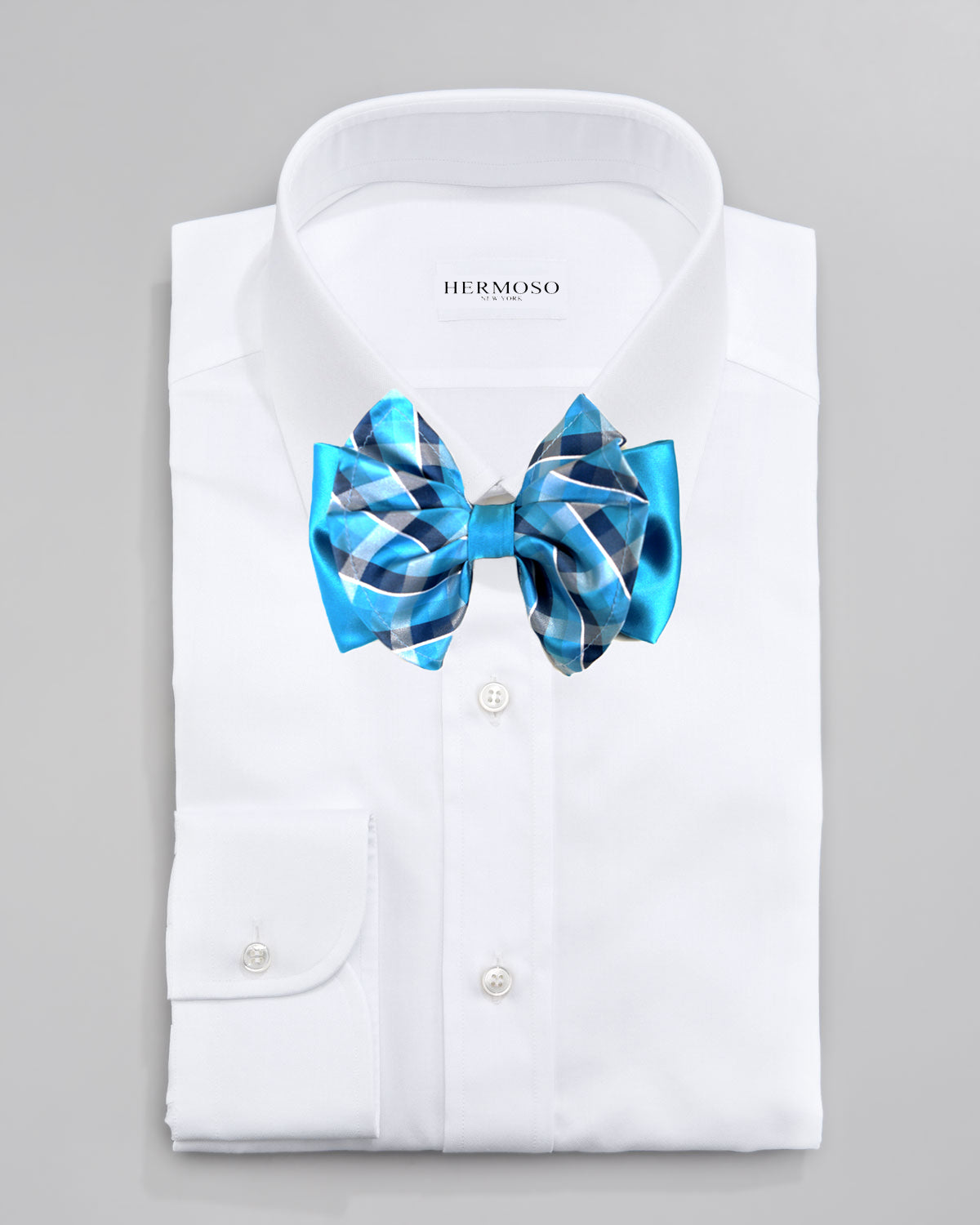 Plaid Aqua Big Bow Tie and Matching Handkerchief