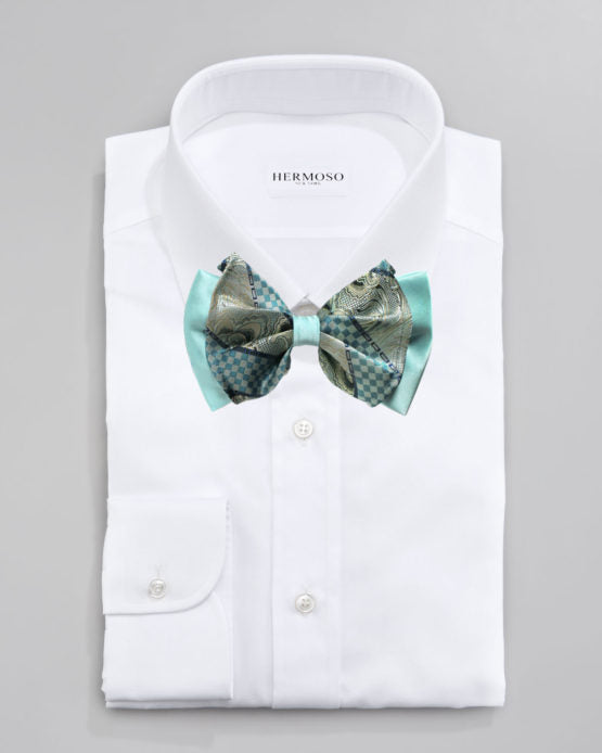 Paisley Aqua Big Bow Tie and Matching Handkerchief