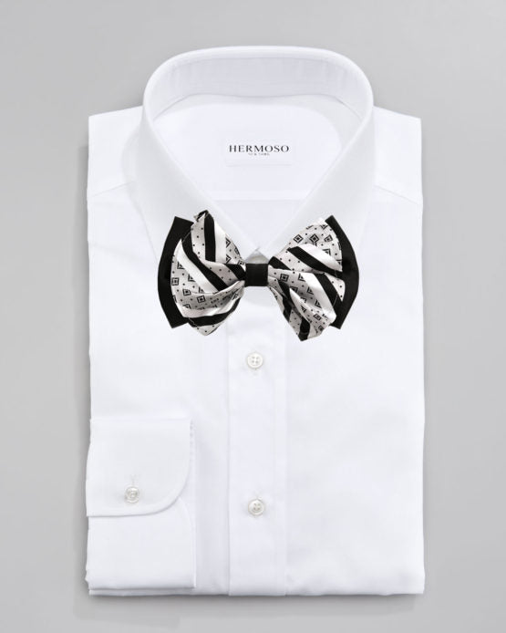Geometric Strip Black Big Bow Tie and Matching Handkerchief