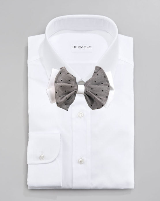 Polka Dot Gray Big Bow Tie and Matching Handkerchief