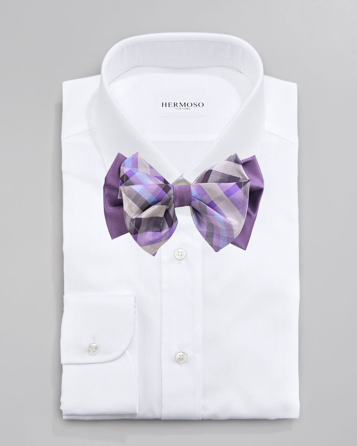 Plaid Purple Big Bow Tie and Matching Handkerchief 4156