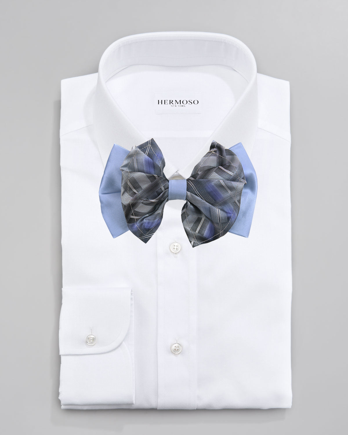 Plaid Blue Big Bow Tie and Matching Handkerchief 4159