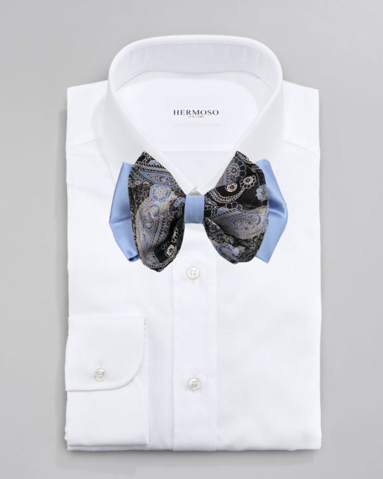 Paisley Blue Big Bow Tie and Matching Handkerchief