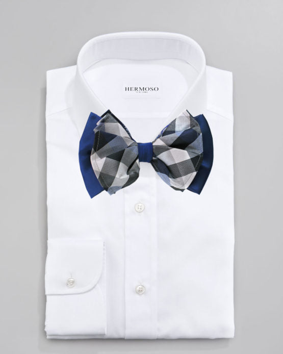 Plaid Royal Blue Big Bow Tie and Matching Handkerchief 4769