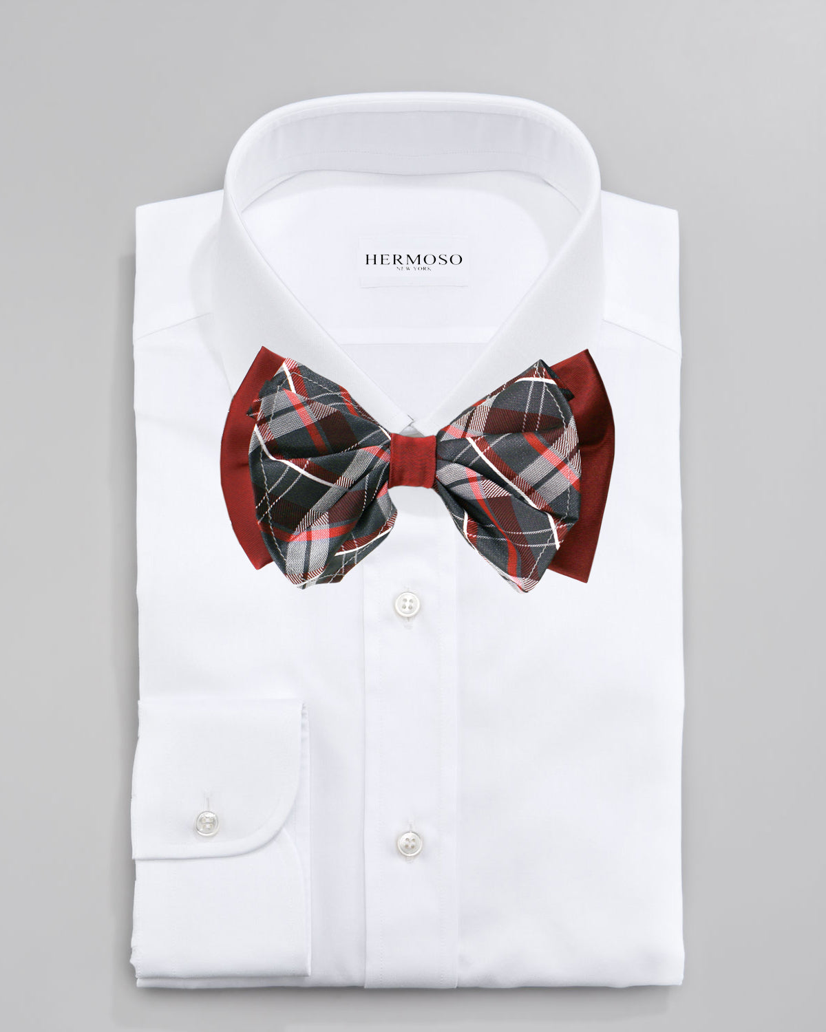 Plaid Burgundy Big Bow Tie and Matching Handkerchief