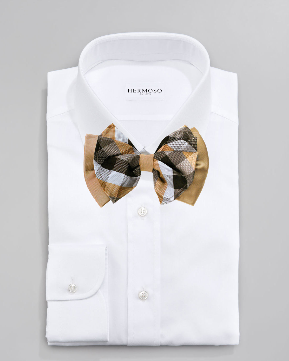 Plaid Taupe Big Bow Tie and Matching Handkerchief 4777