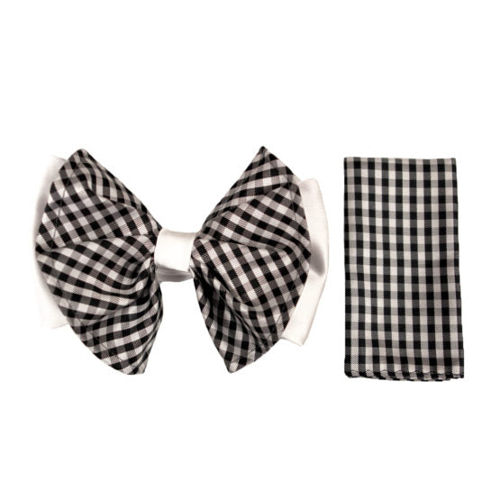 Plaid Black Big Bow Tie and Matching Handkerchief