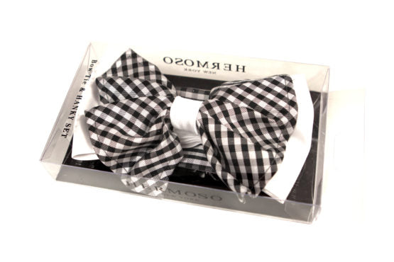 Plaid Black Big Bow Tie and Matching Handkerchief