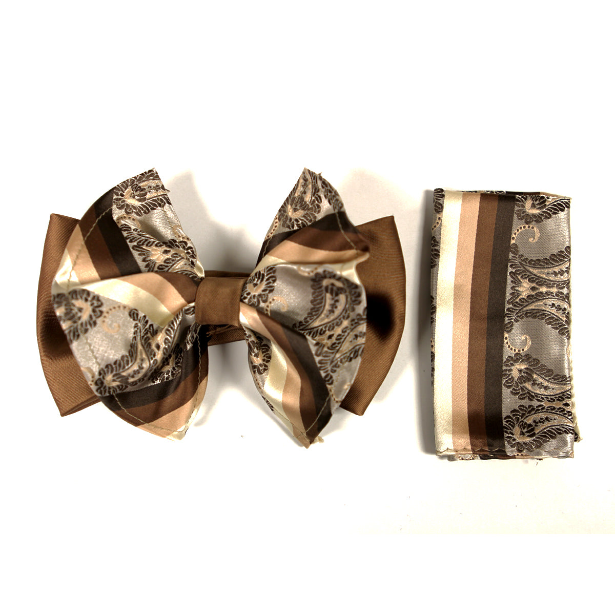 Paisley Taupe Big Bow Tie and Matching Handkerchief