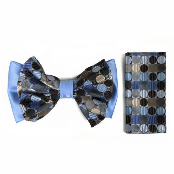 Circles Blue Big Bow Tie and Matching Handkerchief