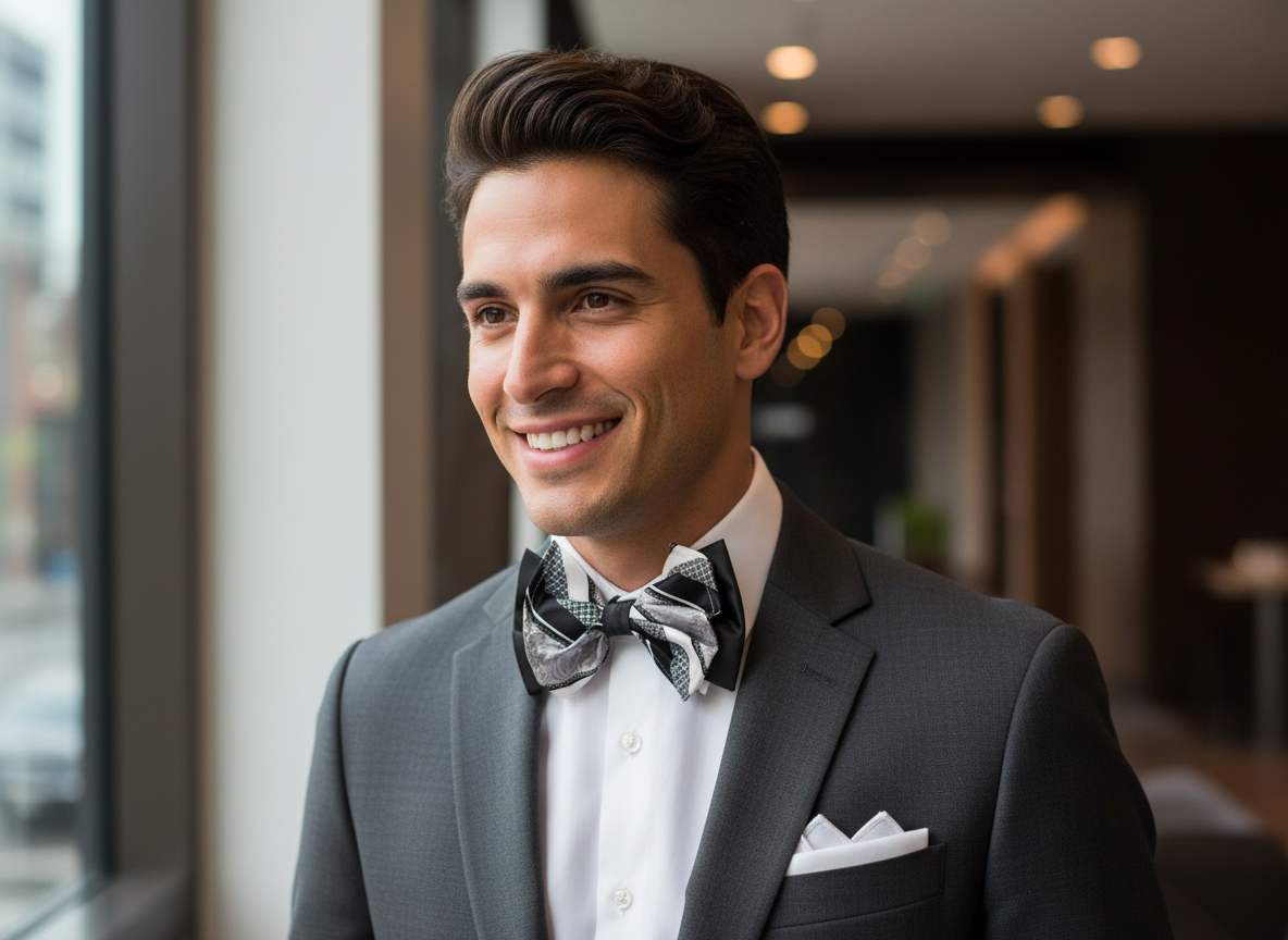 Geometric Black Big Bow Tie and Matching Handkerchief 4147