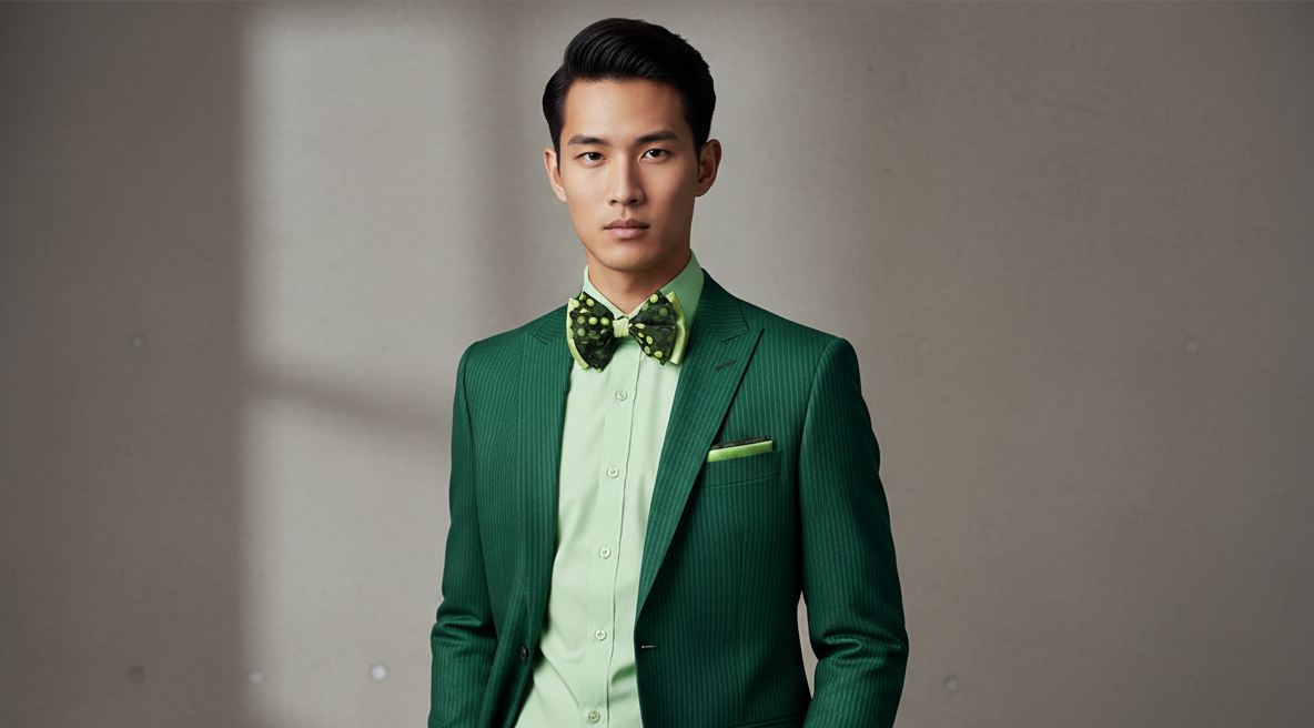 Circles Green Big Bow Tie and Matching Handkerchief 4763