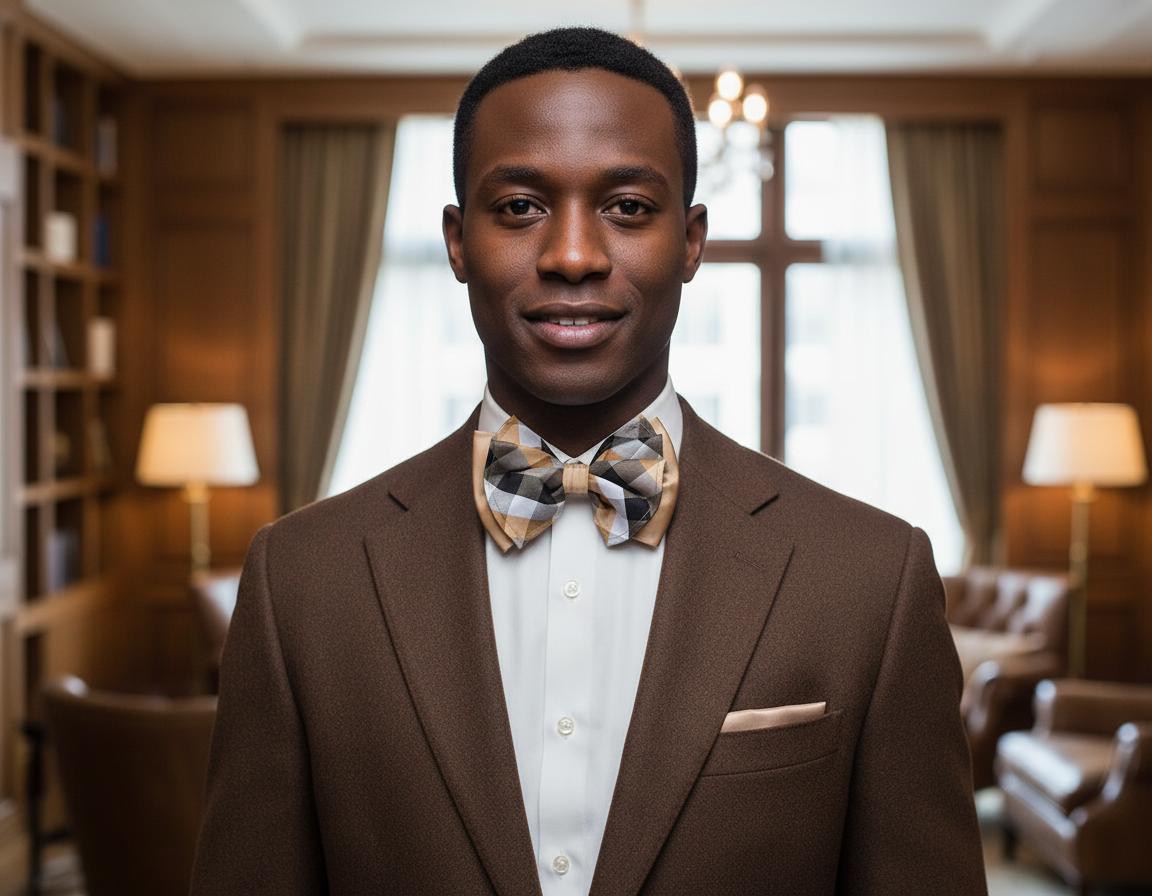 Plaid Taupe Big Bow Tie and Matching Handkerchief 4777