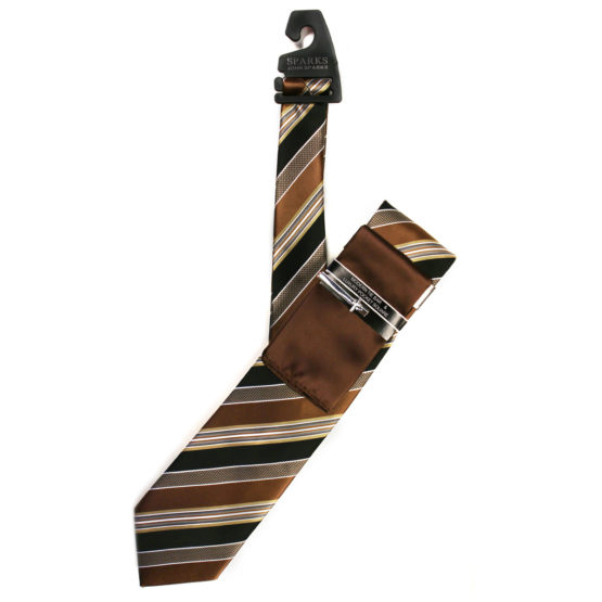 JOHN SPARKS Brown & Black – Tie + POCKET SQUARED2 + Tie Bar 4179