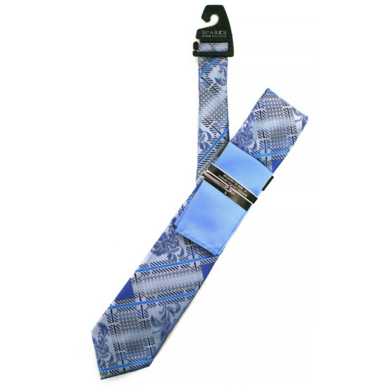 JOHN SPARKS Blue  – Tie + POCKET SQUARED2 + Tie Bar 3904
