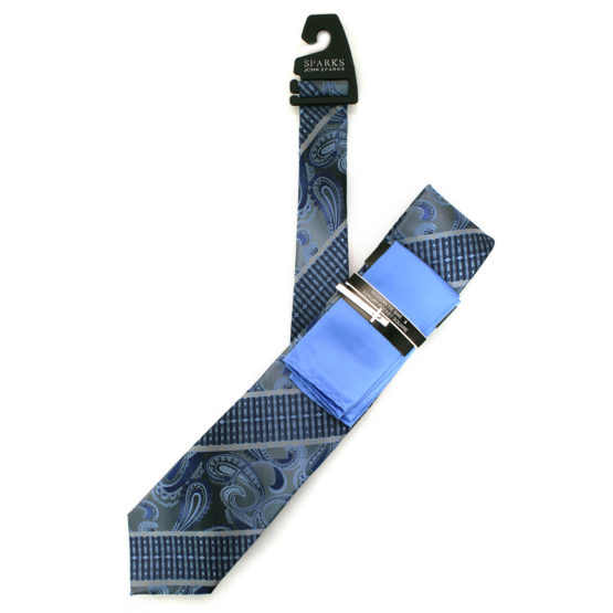 JOHN SPARKS Blue  – Tie + POCKET SQUARED2 + Tie Bar 3905