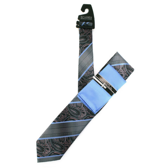 JOHN SPARKS Blue – Tie + POCKET SQUARED2 + Tie Bar 3906