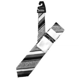 JOHN SPARKS Black & White  – Tie + POCKET SQUARED2 + Tie Bar 3910