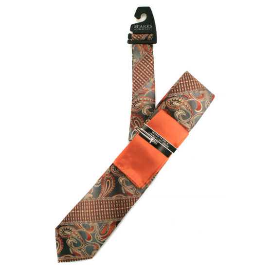 JOHN SPARKS Orange – Tie + POCKET SQUARED2 + Tie Bar 3916
