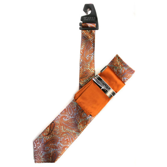 JOHN SPARKS Orange  – Tie + POCKET SQUARED2 + Tie Bar 4172