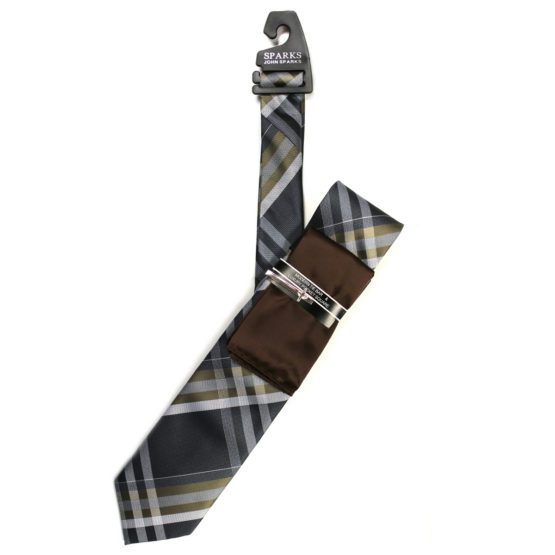 JOHN SPARKS Brown – Tie + POCKET SQUARED2 + Tie Bar 4180