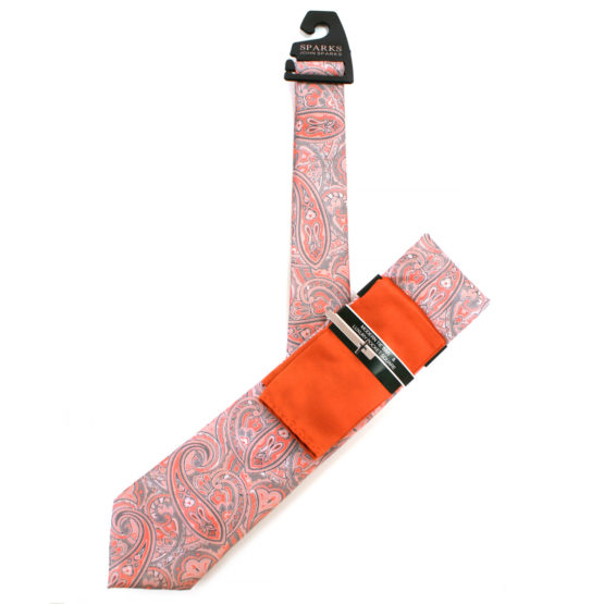 JOHN SPARKS Orange – Tie + POCKET SQUARED2 + Tie Bar 4327